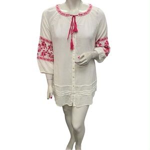 White Blouse with Pink Embroidery Size XL